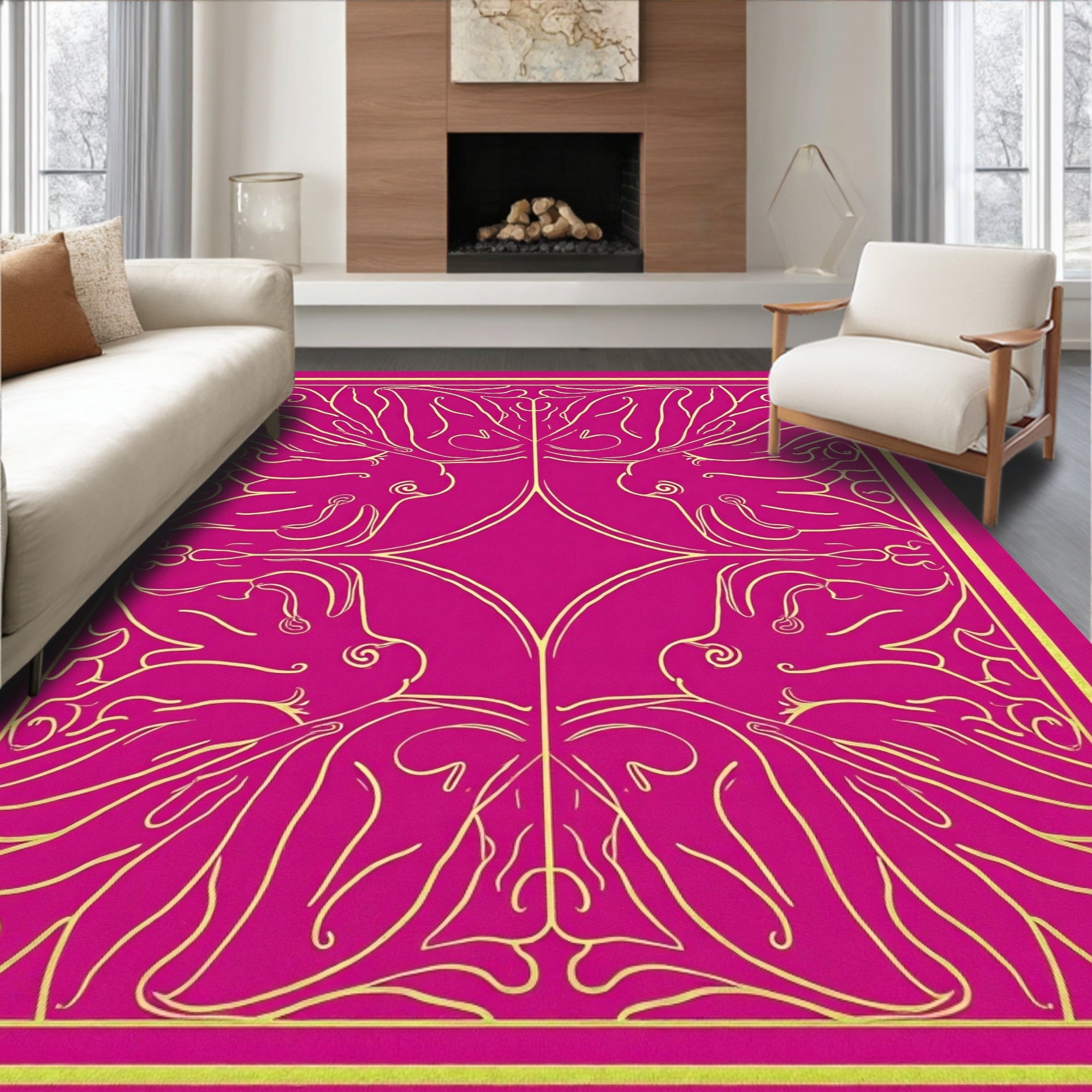 Vibrant Magenta Golden Abstract Figural Rug