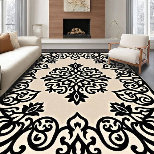 Black Ivory Baroque Scroll Medallion Rug