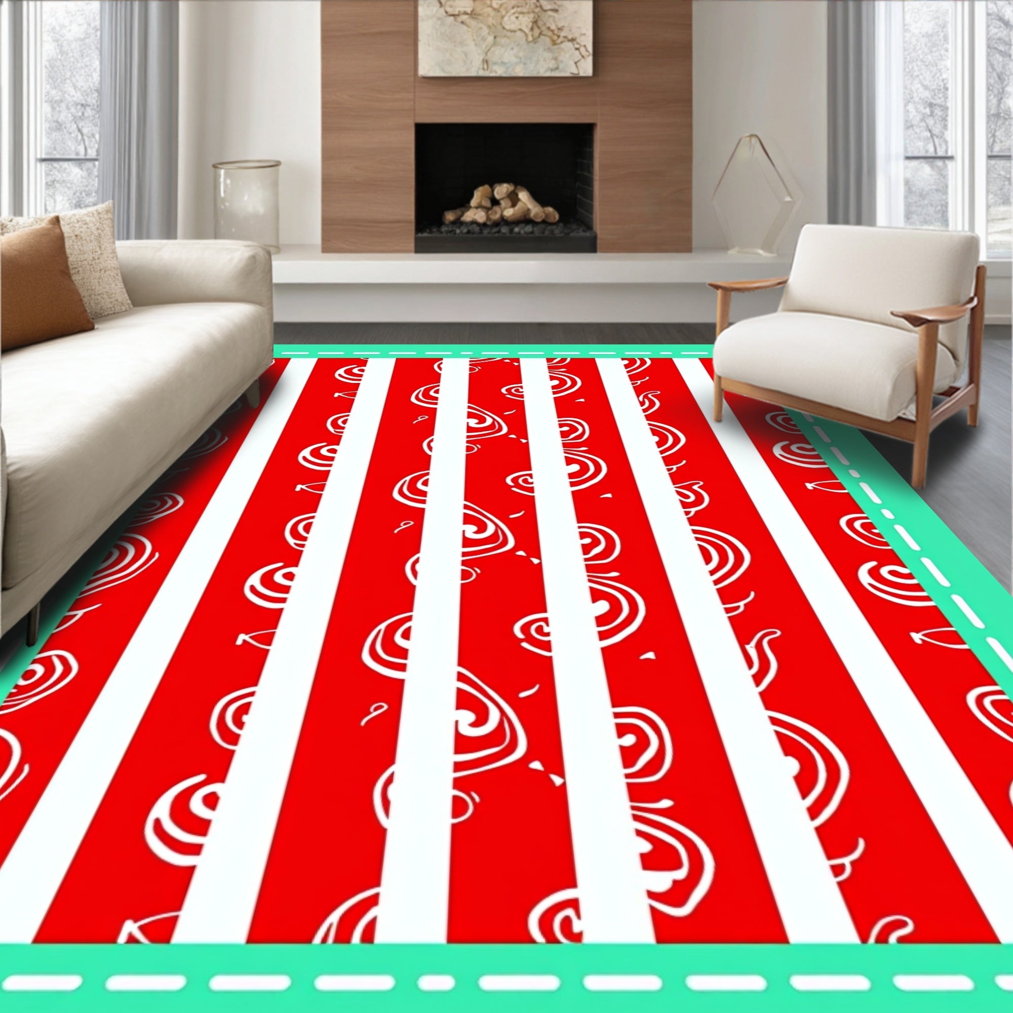 Red White Striped Swirl Motif Rug