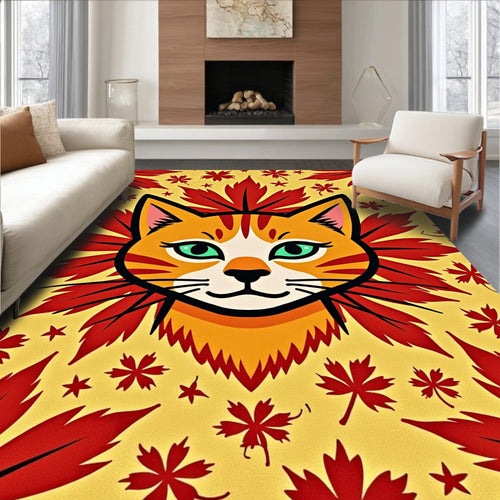 Autumn Cat Yellow Red Leaf Rug