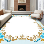 Light Blue Gold Floral Scroll Border Rug