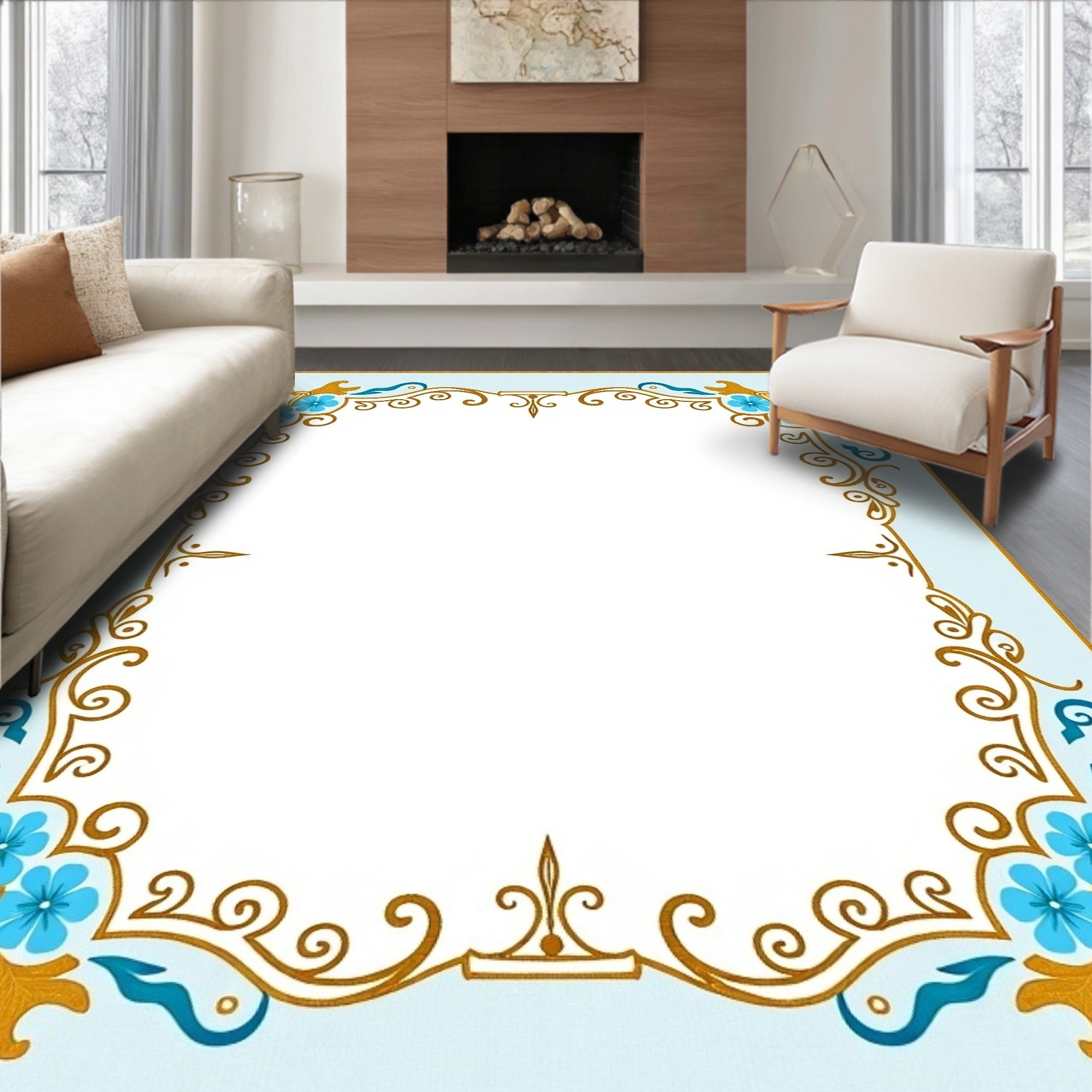 Light Blue Gold Floral Scroll Border Rug