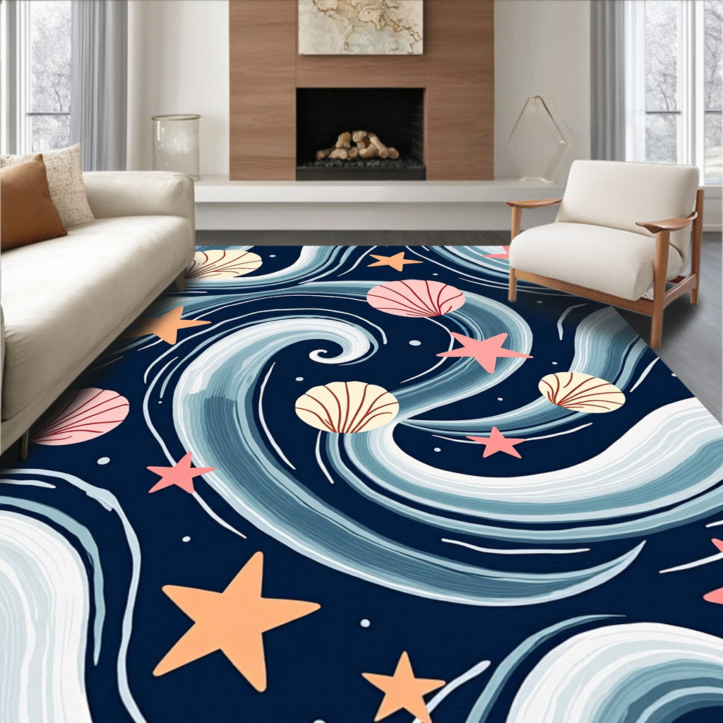Oceanic Waves Seashell Starfish Navy Rug