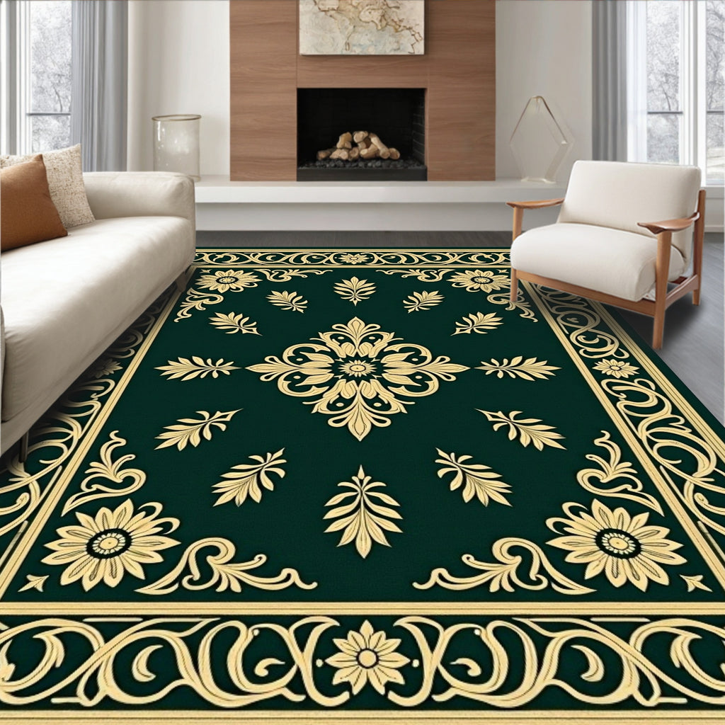 Emerald Gold Detailed Floral Medallion Rug