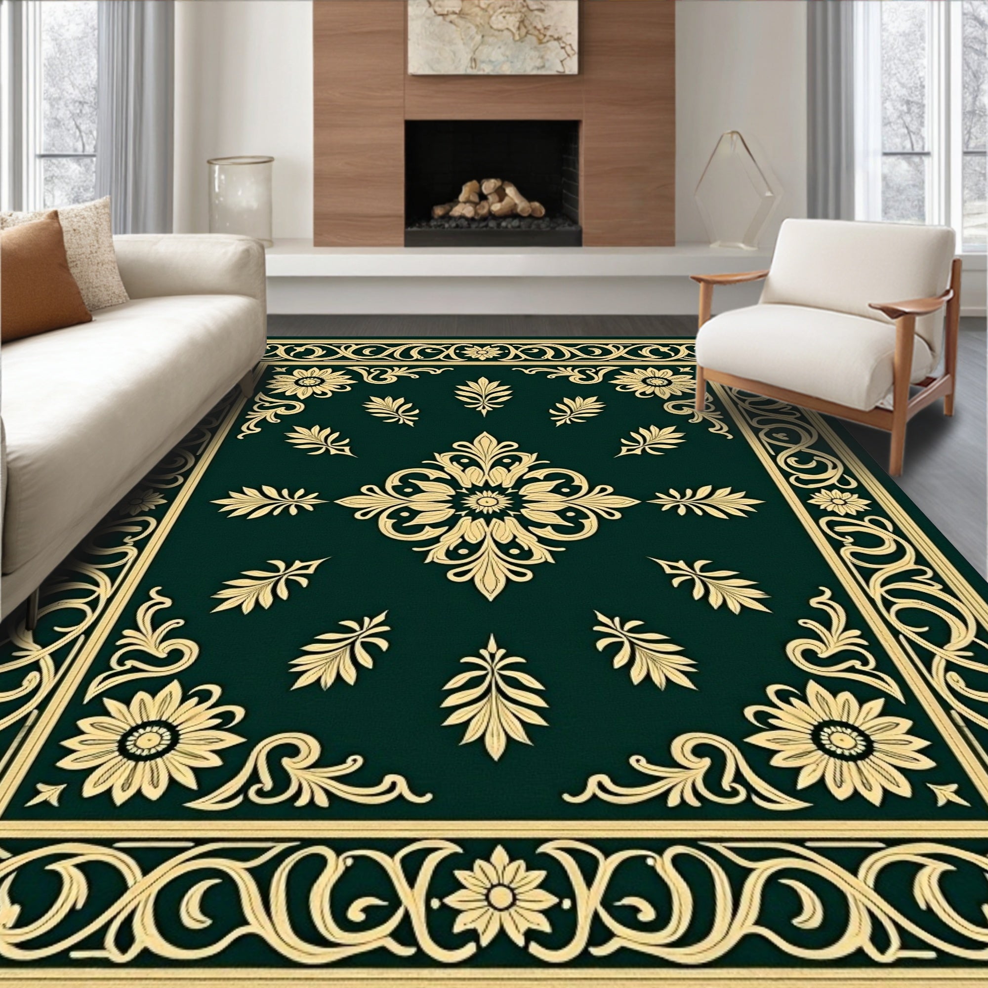 Emerald Gold Detailed Floral Medallion Rug