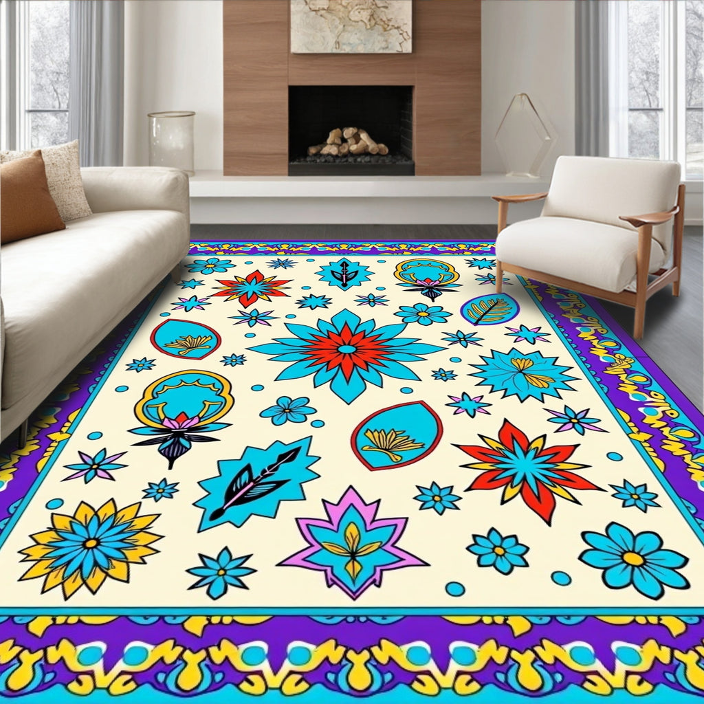 Eclectic Floral Shapes Border Cream Rug