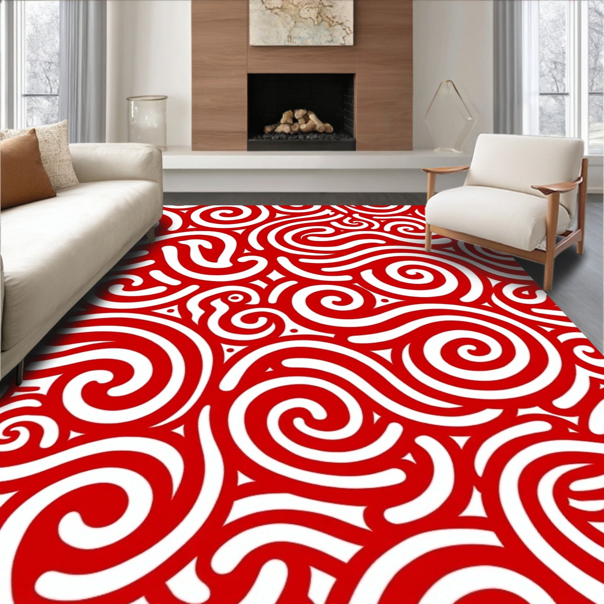 Red White Swirl Abstract Rug