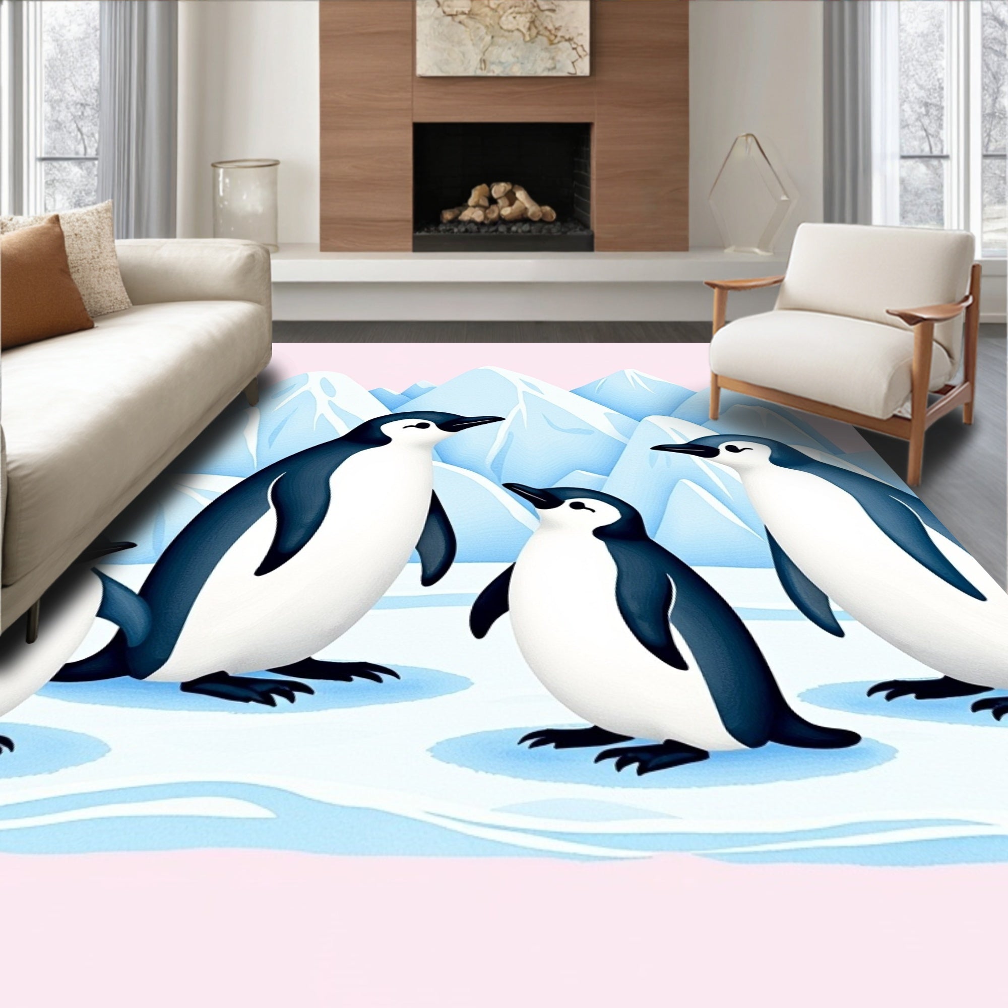 Whimsical Penguin Family Iceberg Scene Rug