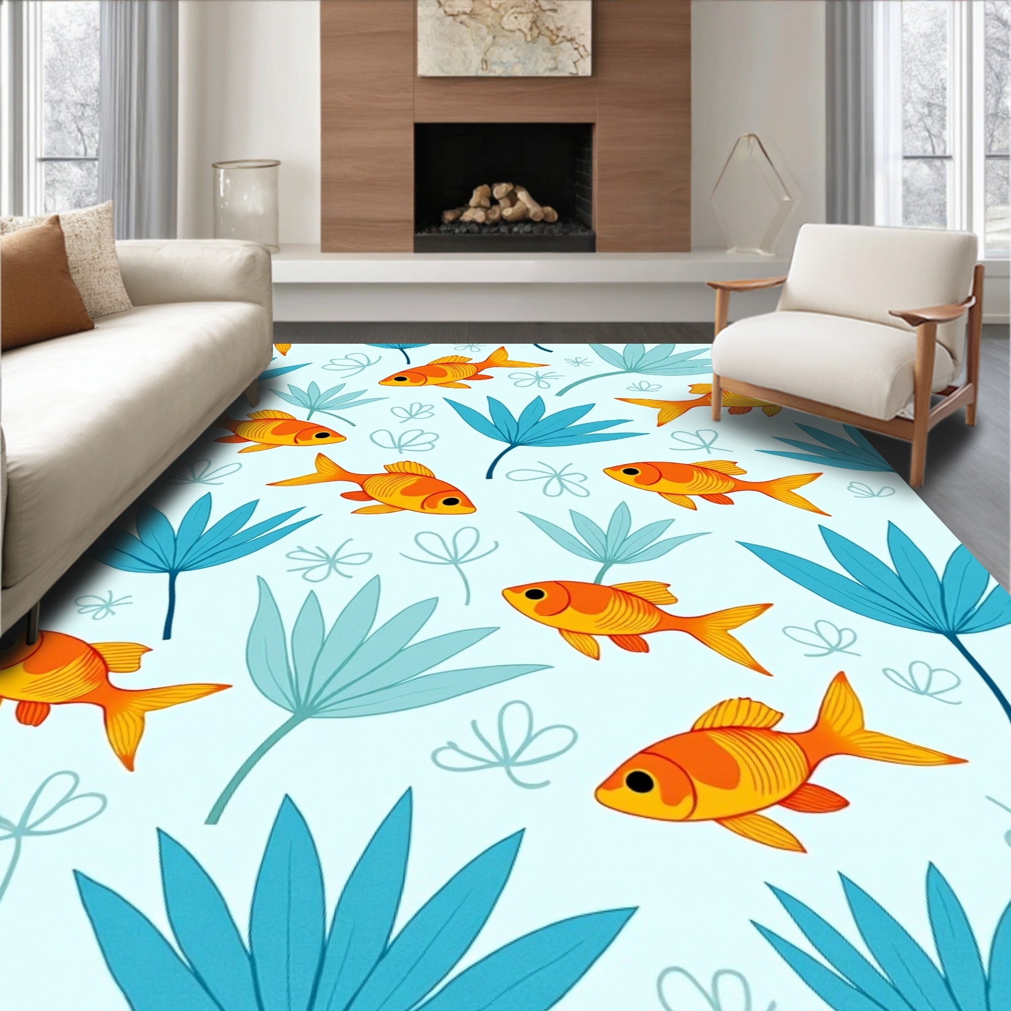 Orange Fish Blue Foliage Scene Rug