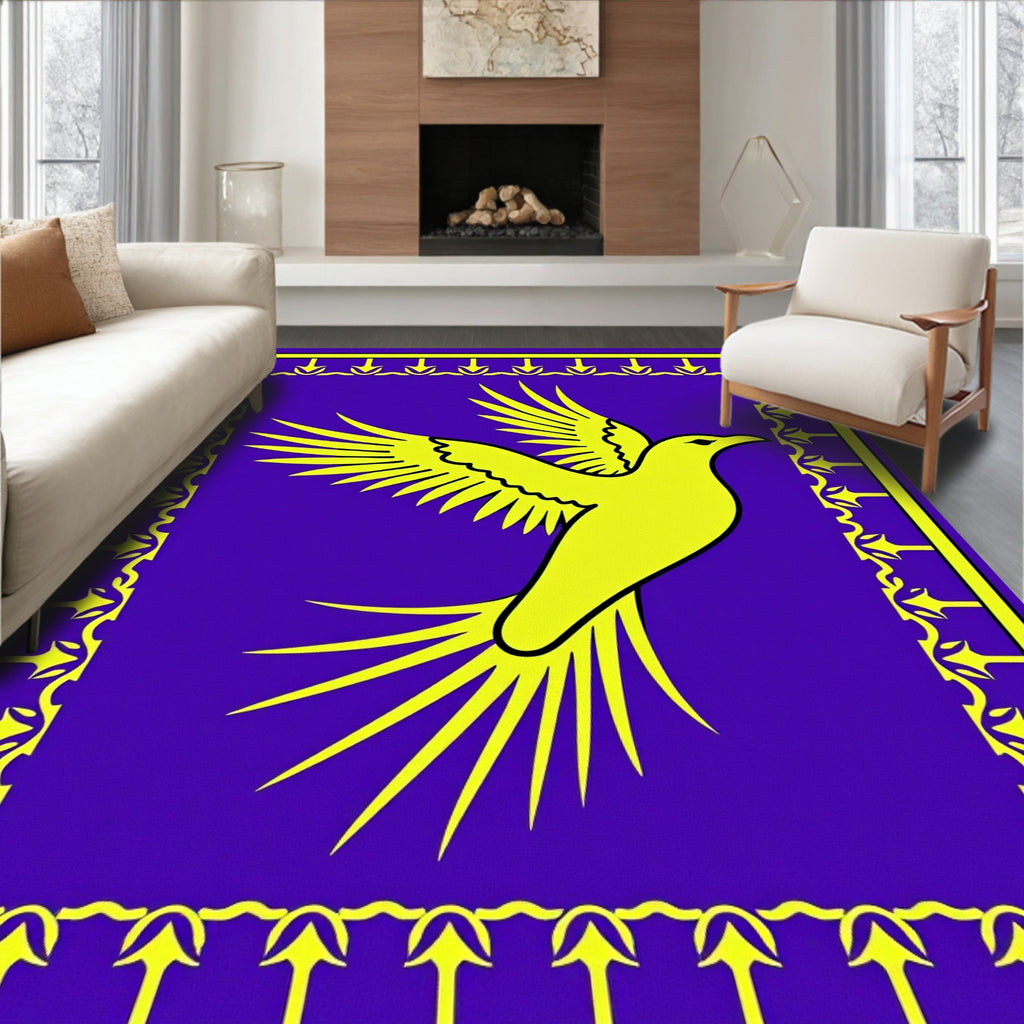 Vibrant Yellow Bird Purple Border Rug