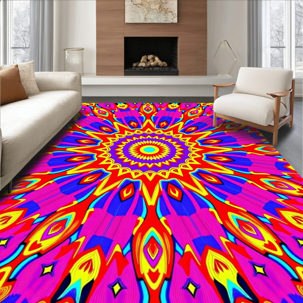 Vibrant Psychedelic Sunburst Medallion Rug