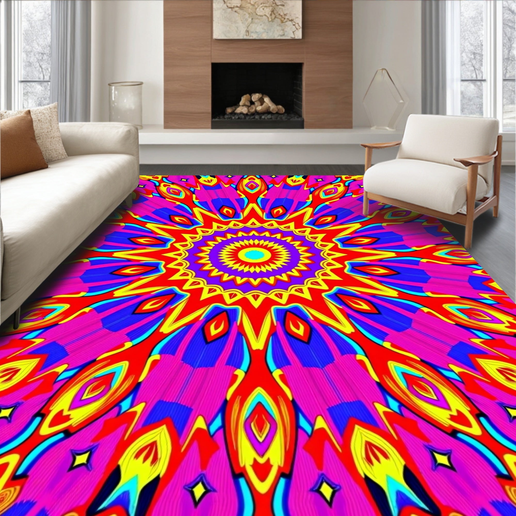 Vibrant Psychedelic Sunburst Medallion Rug