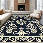 Cream Floral Medallion Navy Rug