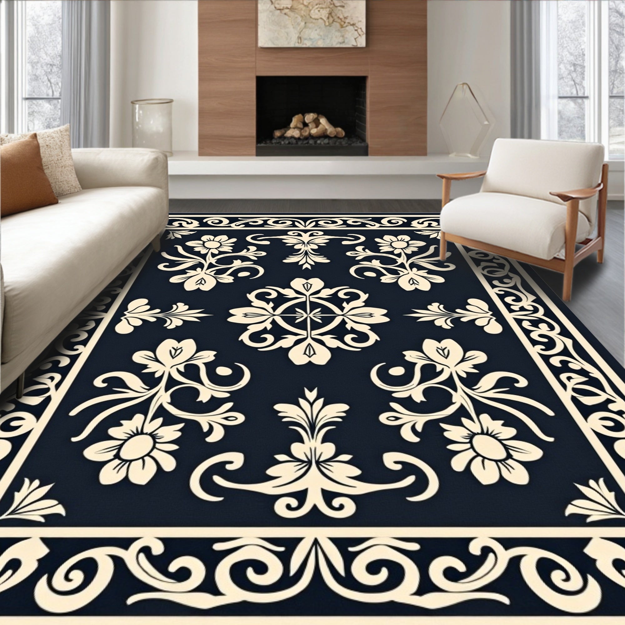 Cream Floral Medallion Navy Rug