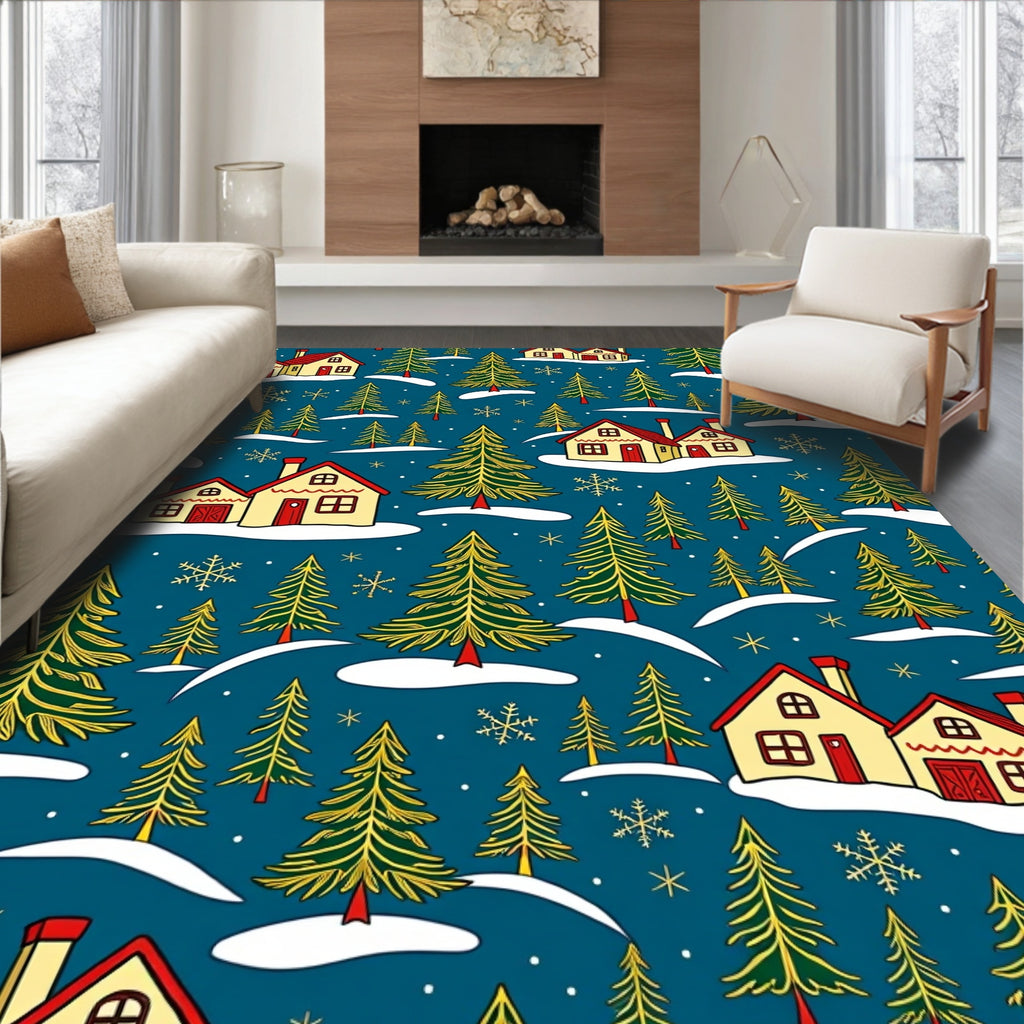 Cozy Village Christmas Tree Snowfall Rug