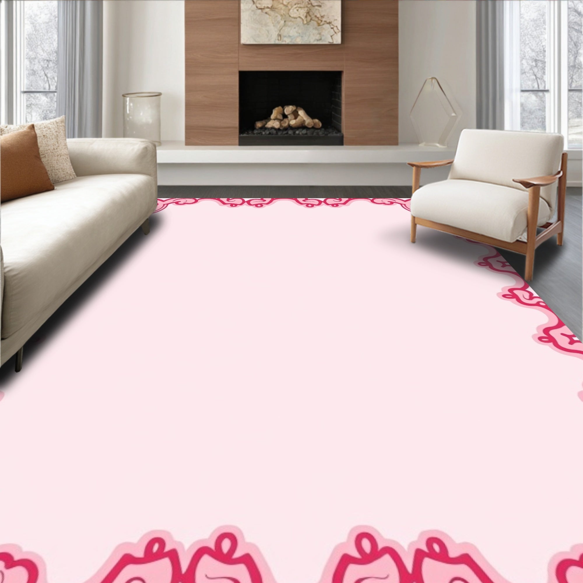 Ornate Pink Scrollwork Border Rug