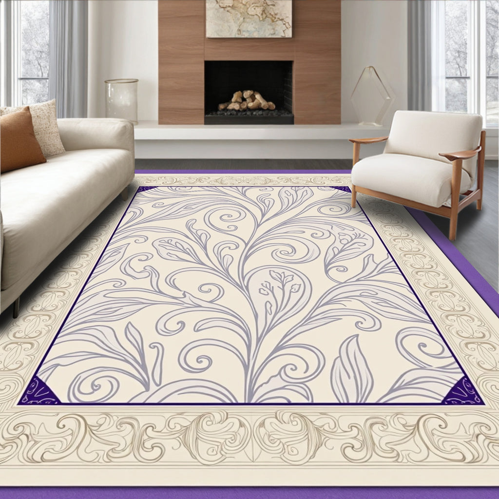 Cream Purple Floral Vine Border Rug