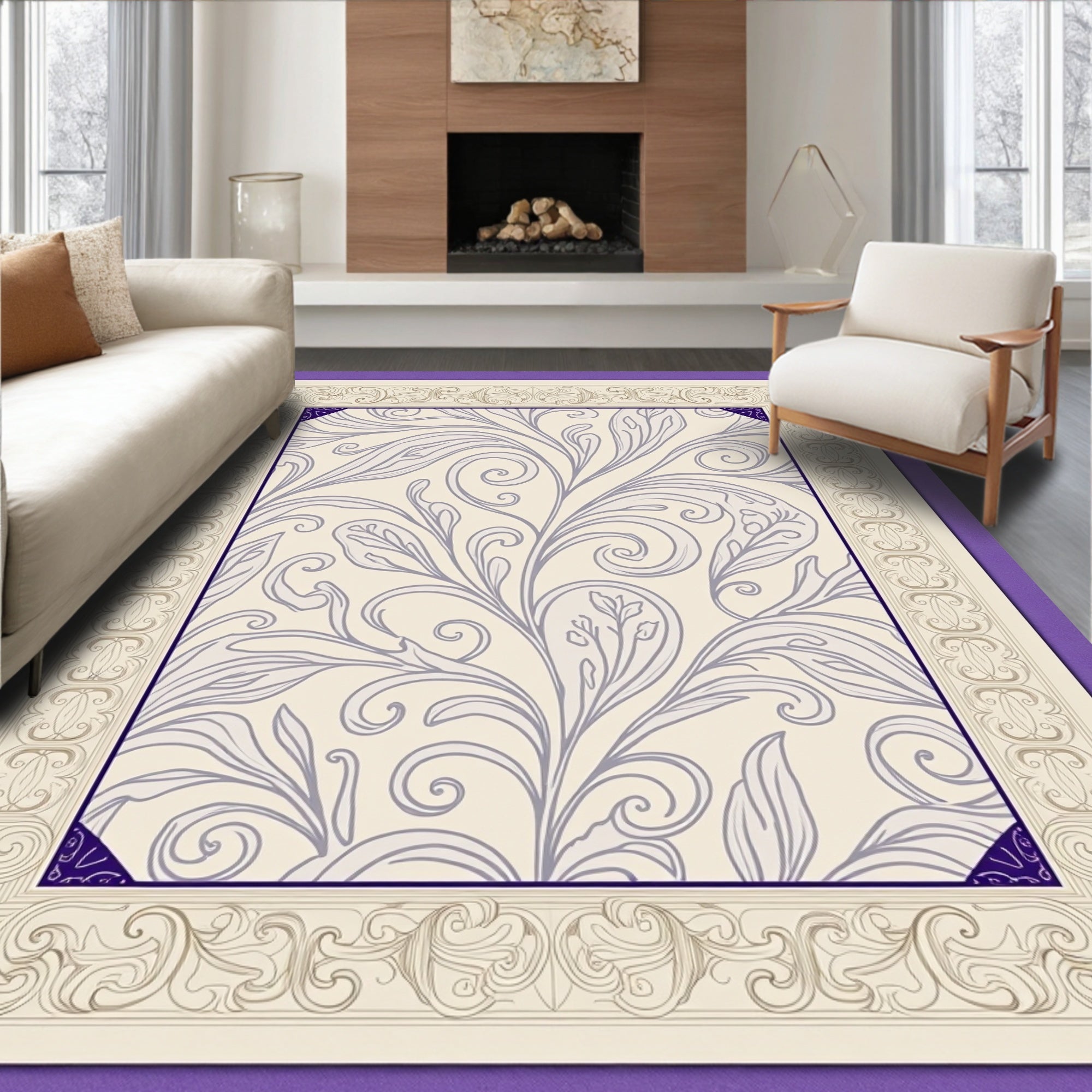 Cream Purple Floral Vine Border Rug