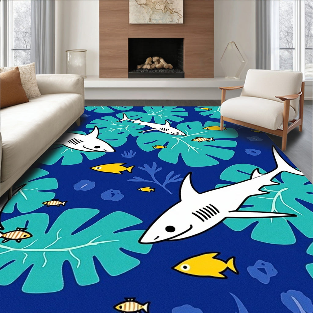 Oceanic White Shark Teal Leaf Arrangement Rug