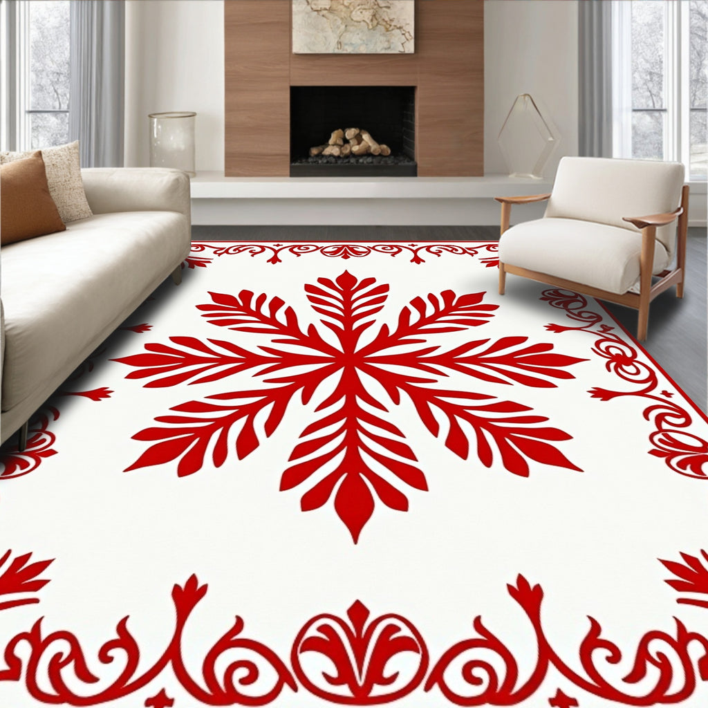 Crimson Snowflake Bordered Art Rug