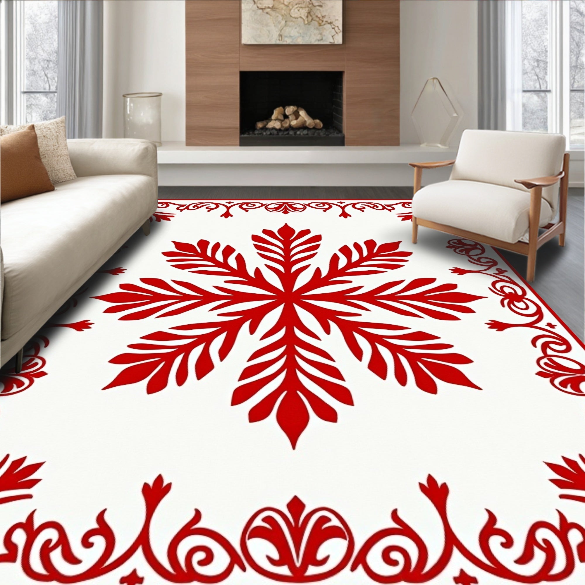 Crimson Snowflake Bordered Art Rug