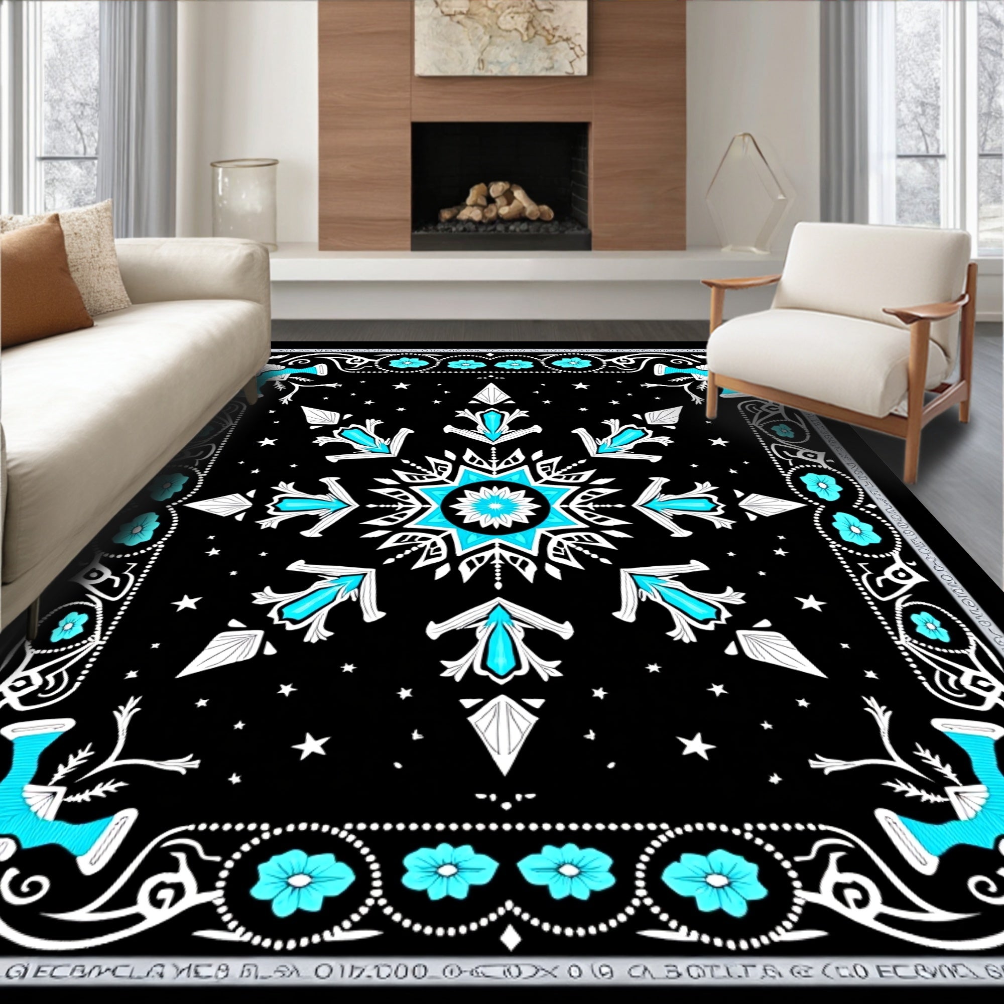 Midnight Cyan Snowflake Medallion Rug