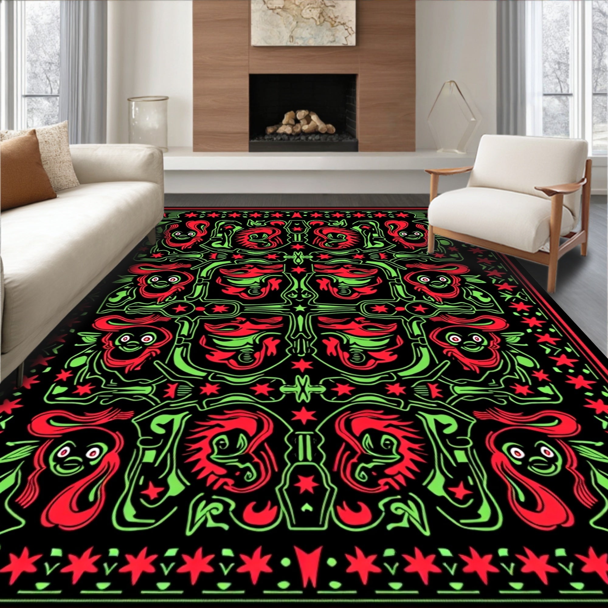 Whimsical Red Green Creature Symmetry Rug