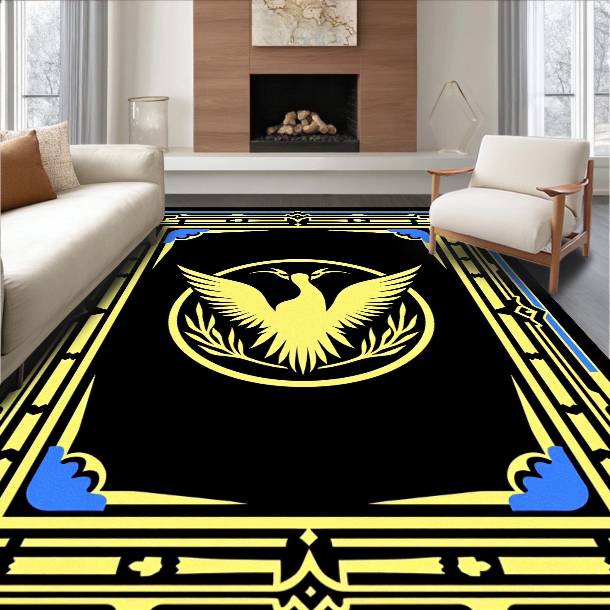 Golden Swan Blue Accented Rectangular Frame Rug