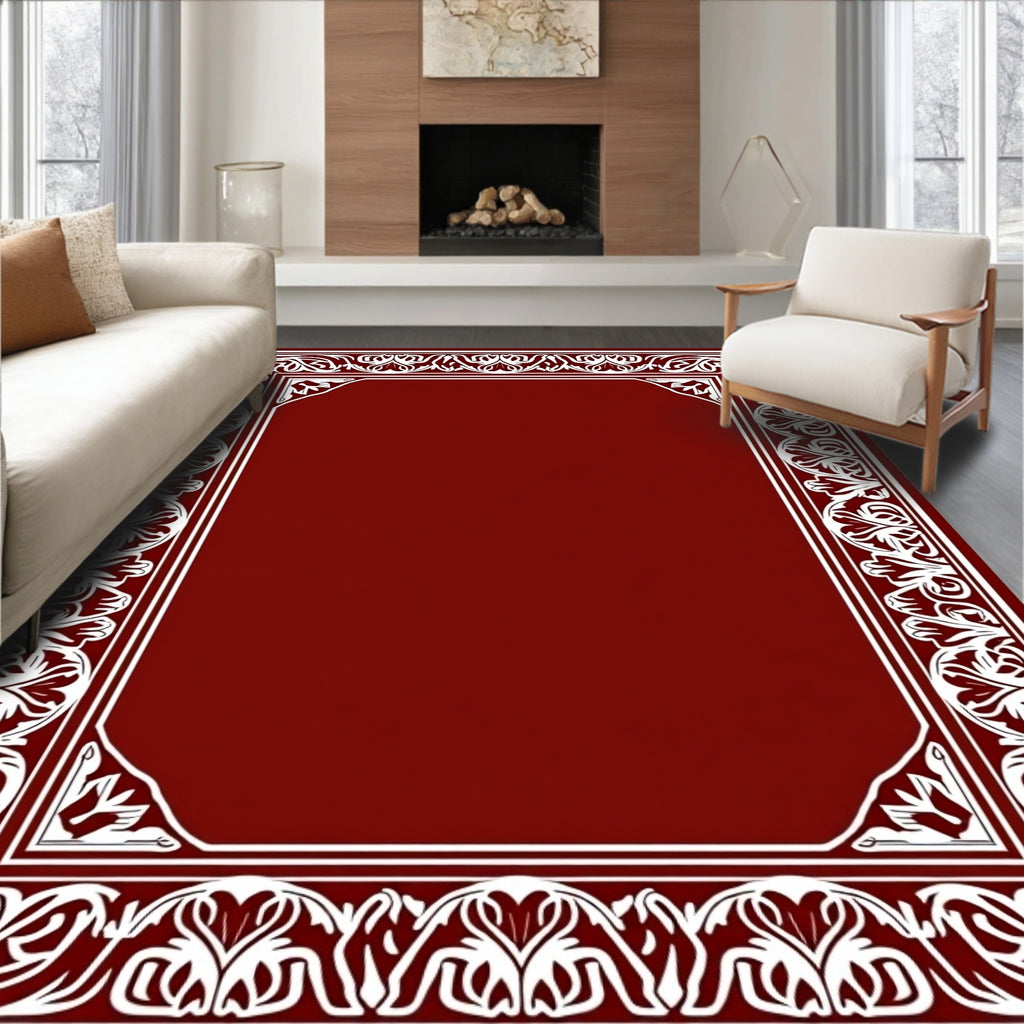 Rich Garnet White Floral Scrollwork Border Rug