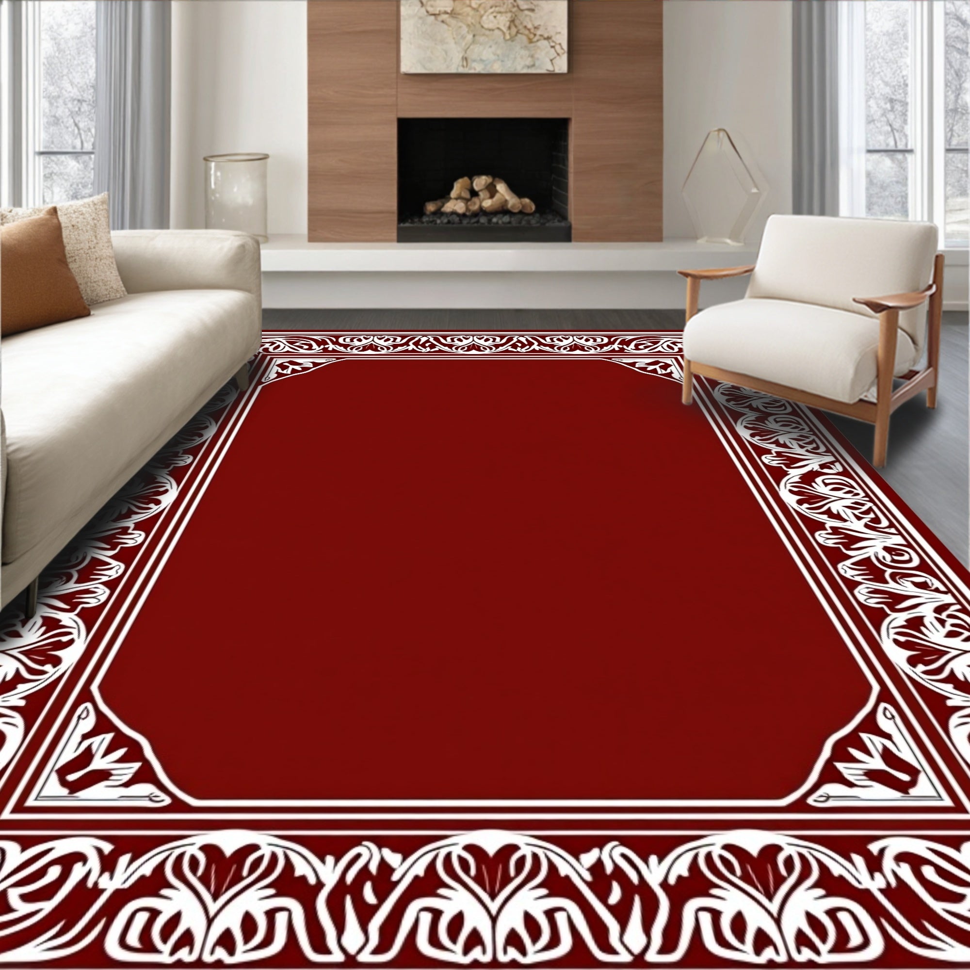 Rich Garnet White Floral Scrollwork Border Rug