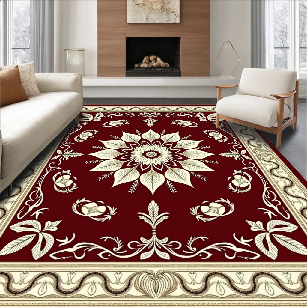 Crimson Botanical Bloom Border Accent Rug