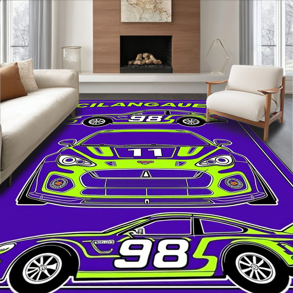 Purple and Lime Race Cars Collection Rug
