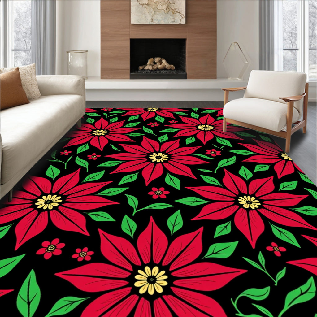 Crimson Red Flowers Green Leaves Black Rug