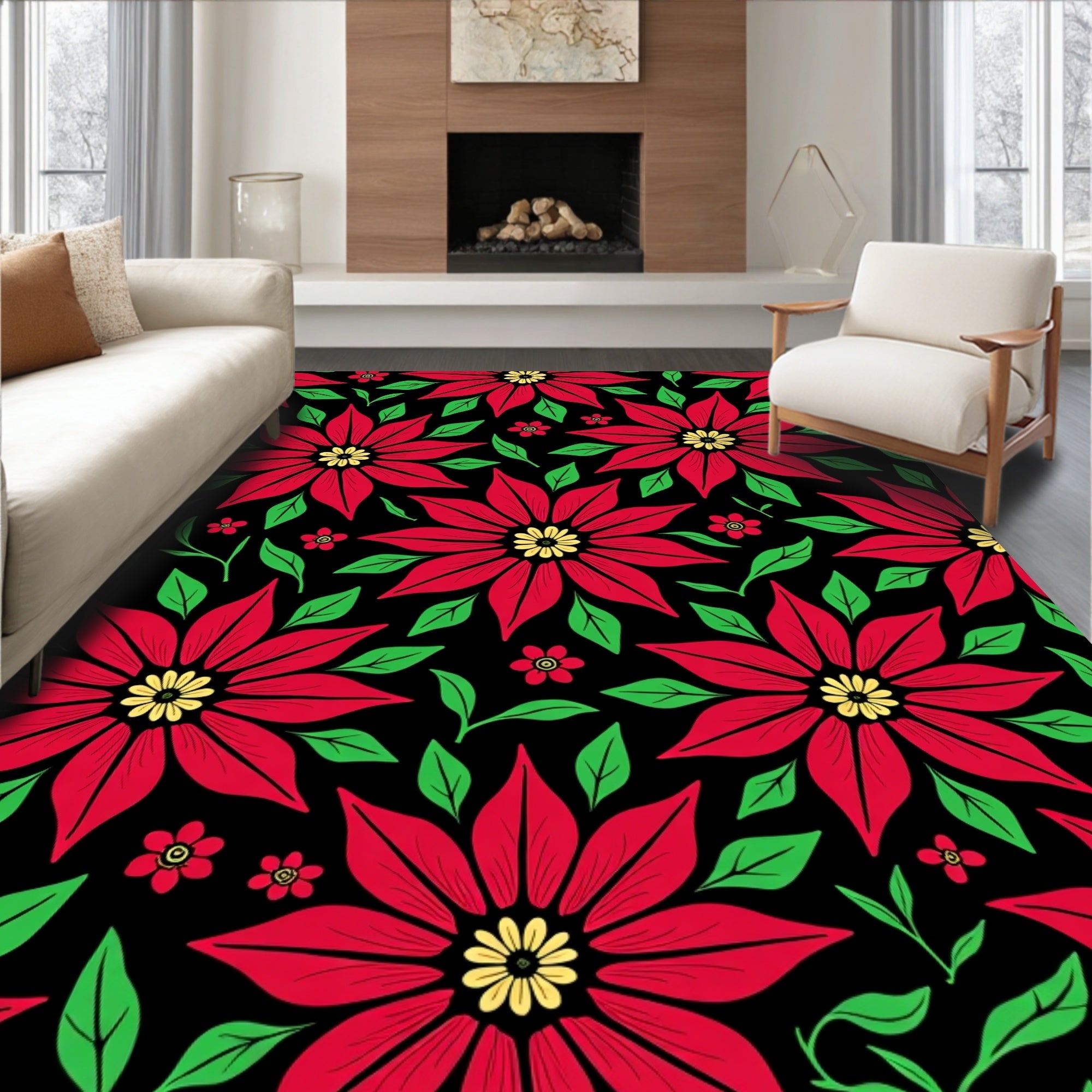 Crimson Red Flowers Green Leaves Black Rug