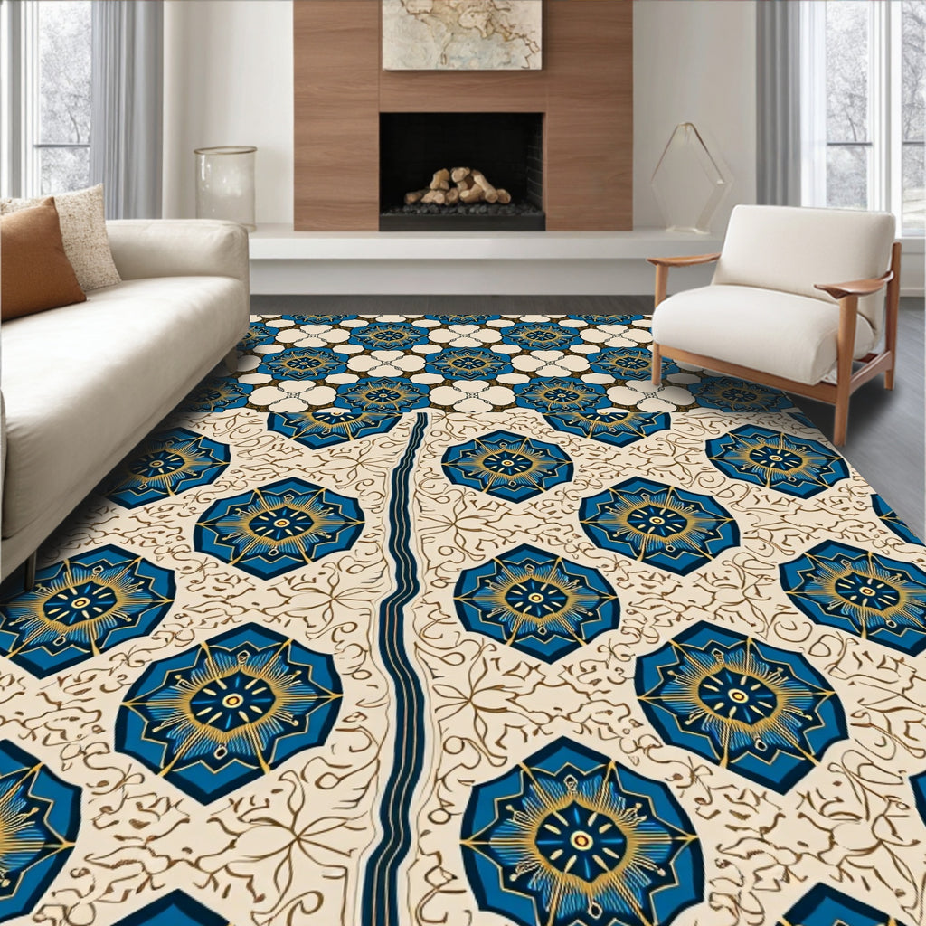 Blue Gold Starburst Medallion Art Deco Rug