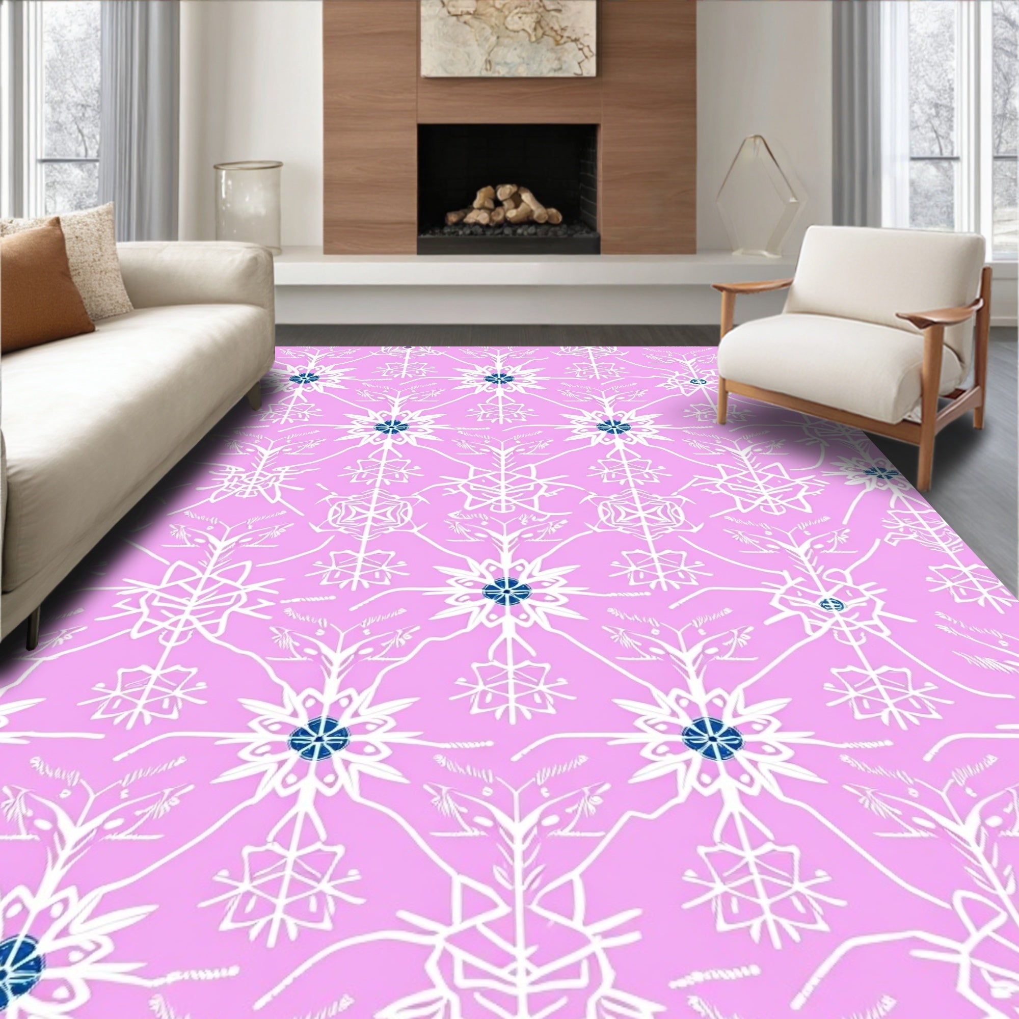 Pink White Floral Snowflake Bloom Rug