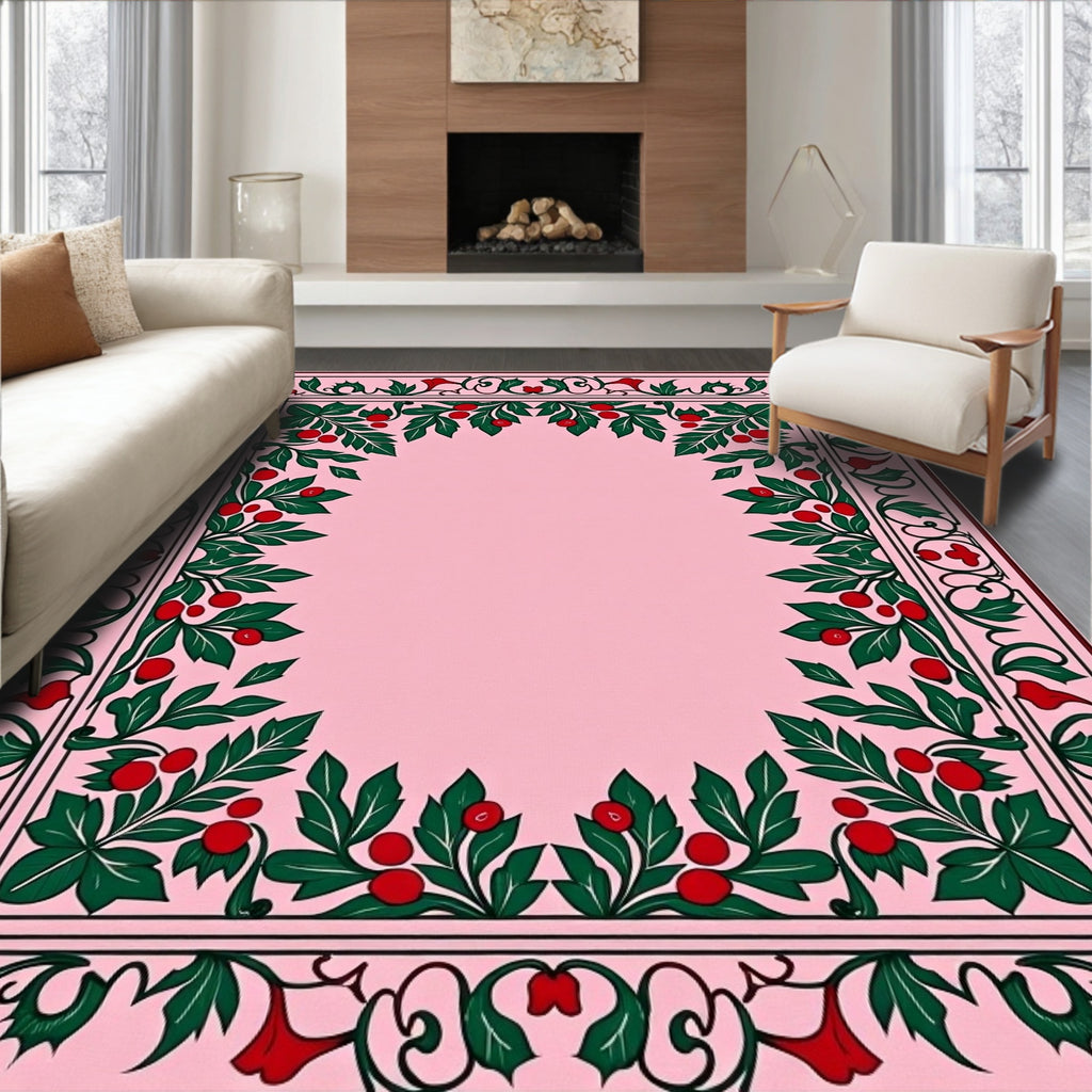 Classic Pink Holly Berry Garland Border Rug