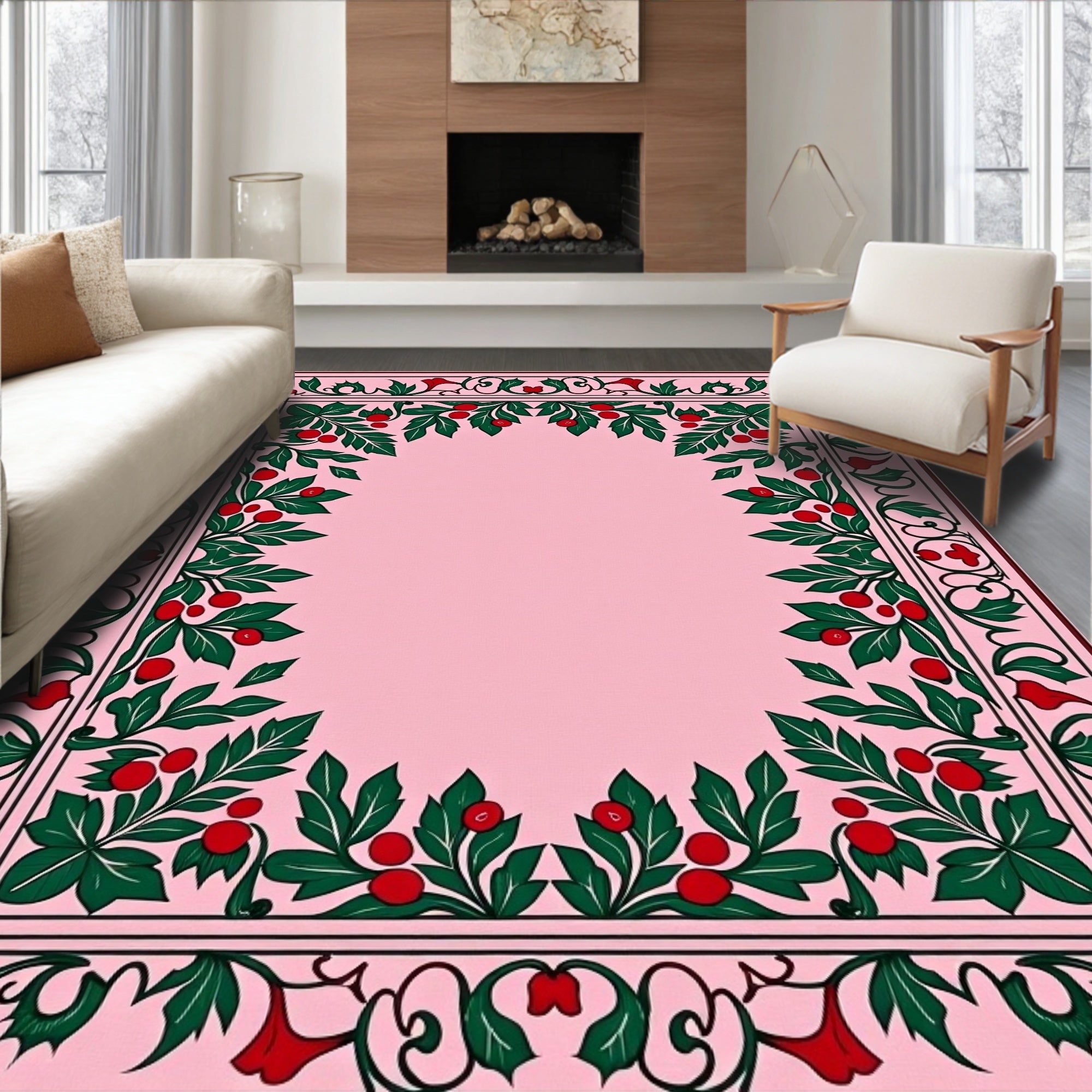 Classic Pink Holly Berry Garland Border Rug