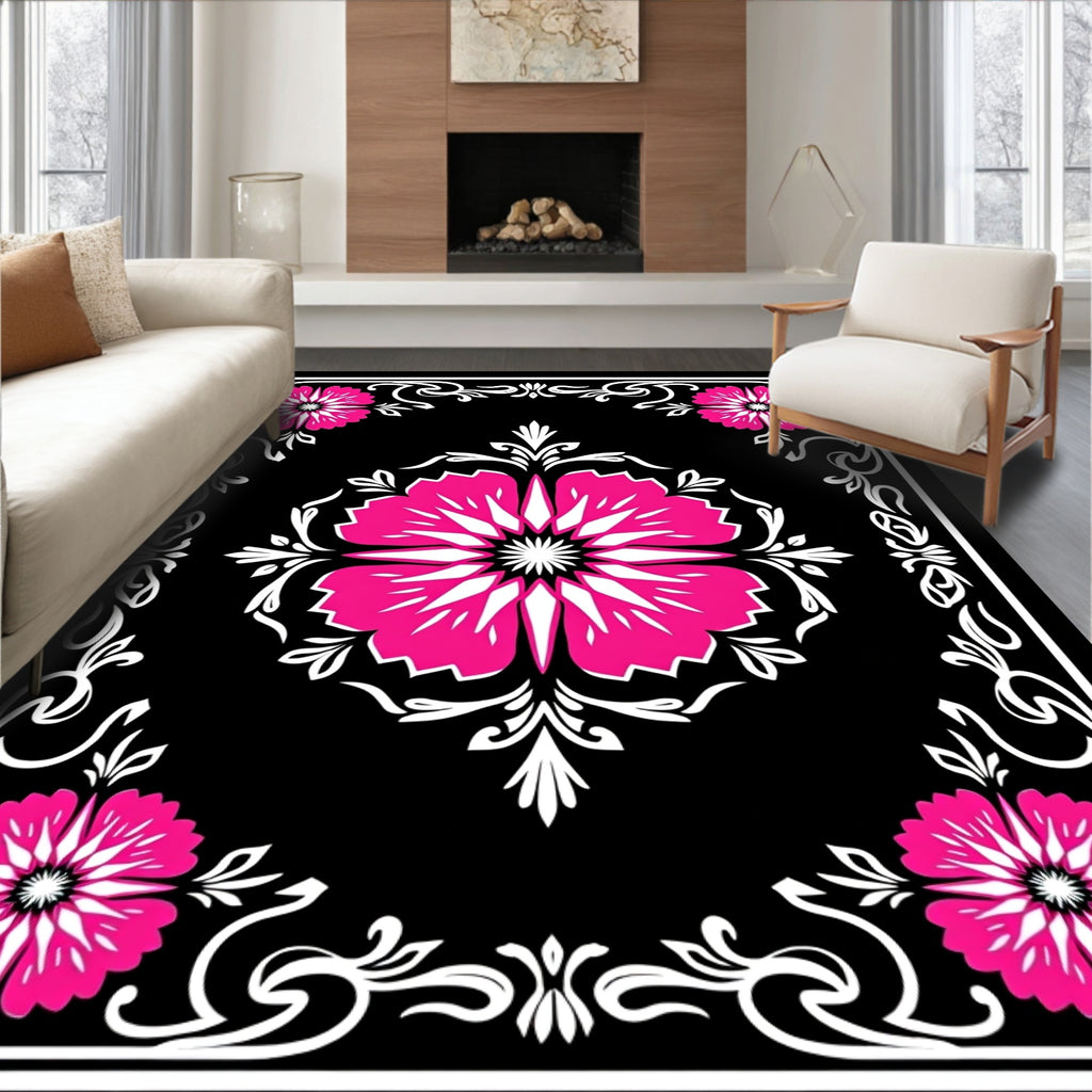 Bold Magenta Floral Black Border Rug
