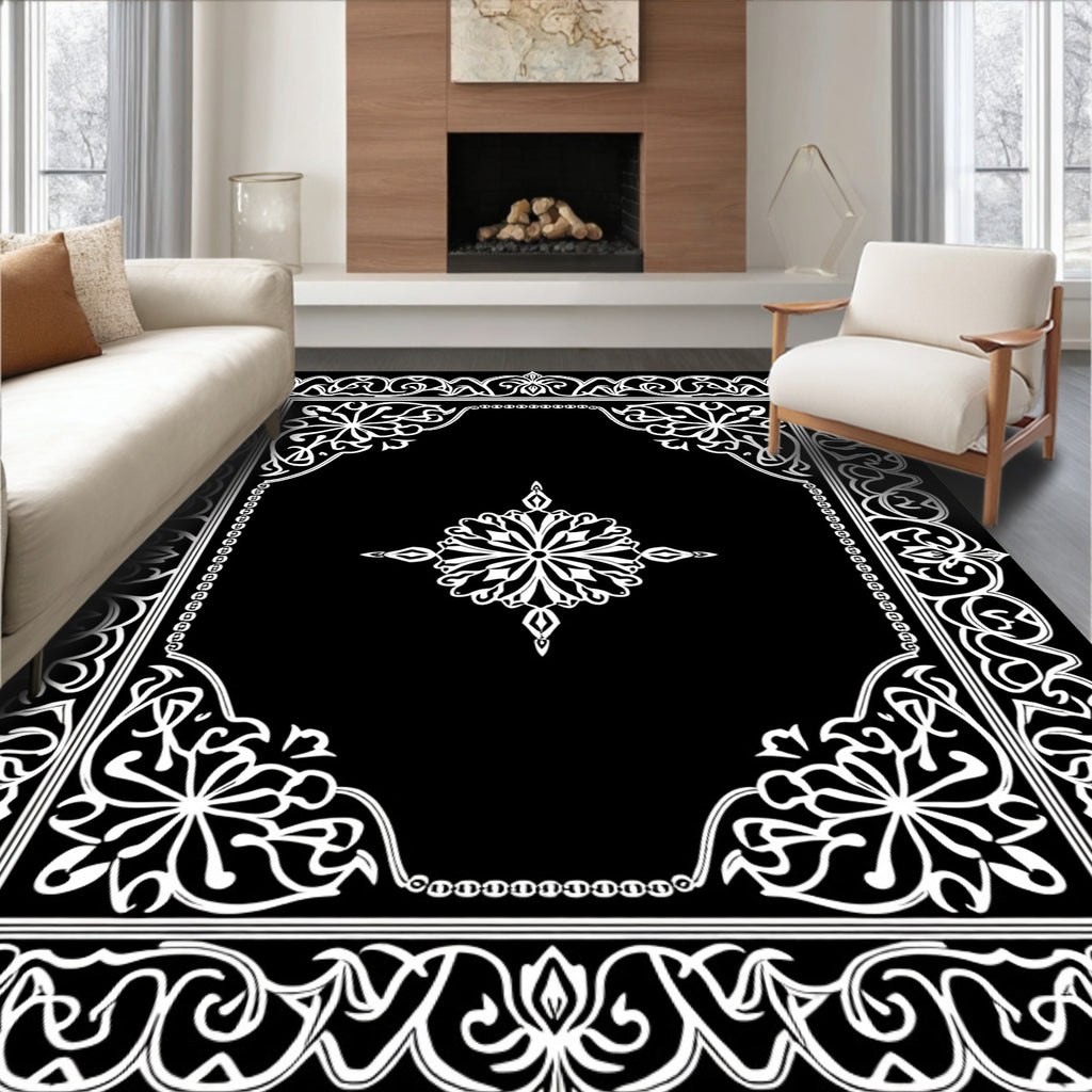 Elegant Black White Mandala Scrollwork Rug