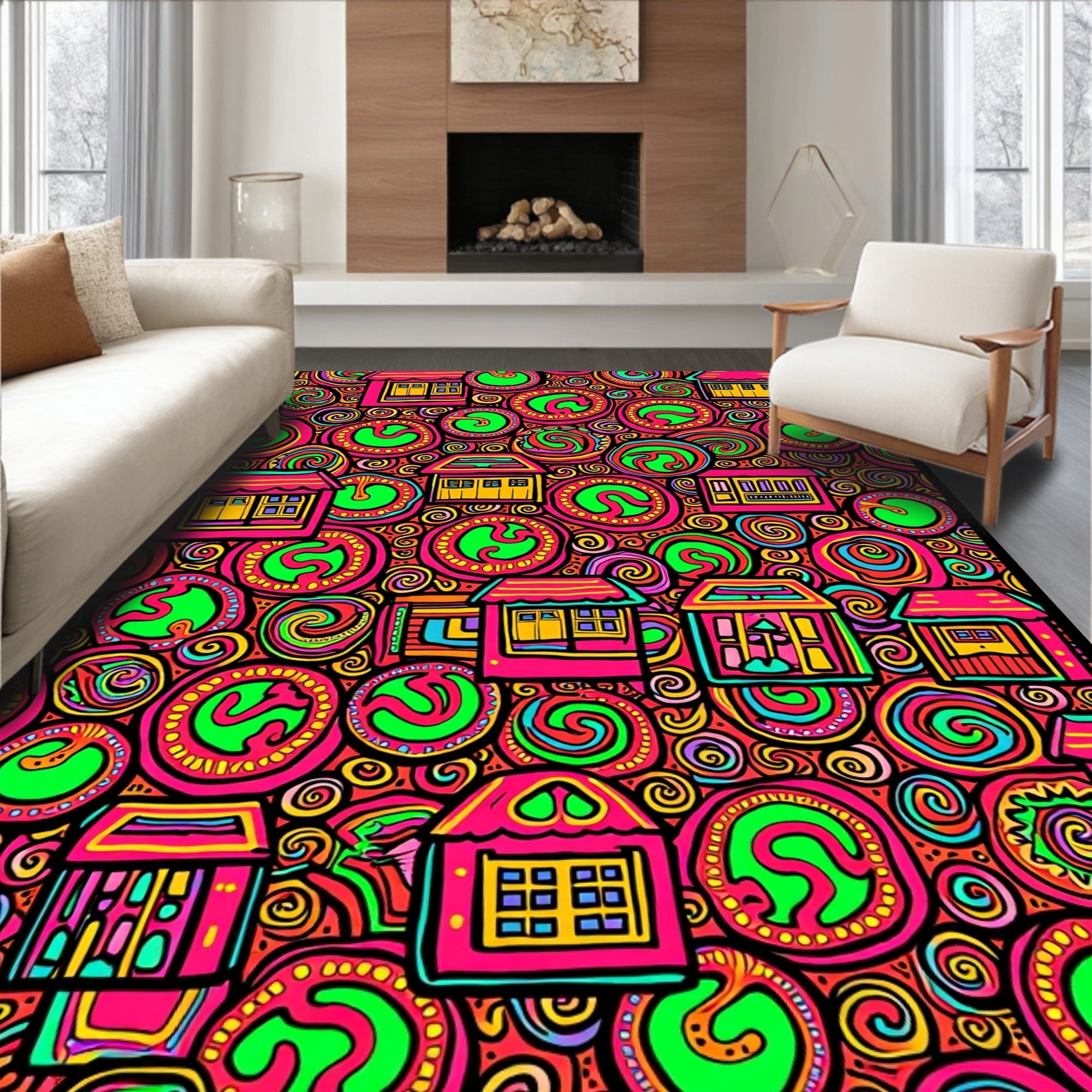 Vibrant Pink Yellow Village Swirls Rug