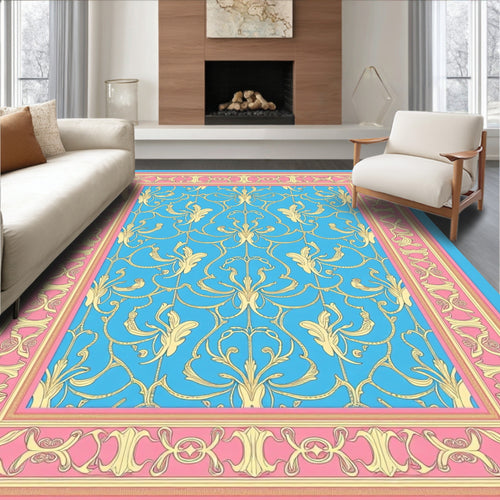 Baroque Gold Blue Pink Medallion Border Rug