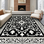 Black and White Floral Scrollwork Square Rug