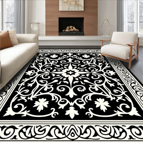 Black and White Floral Scrollwork Square Rug