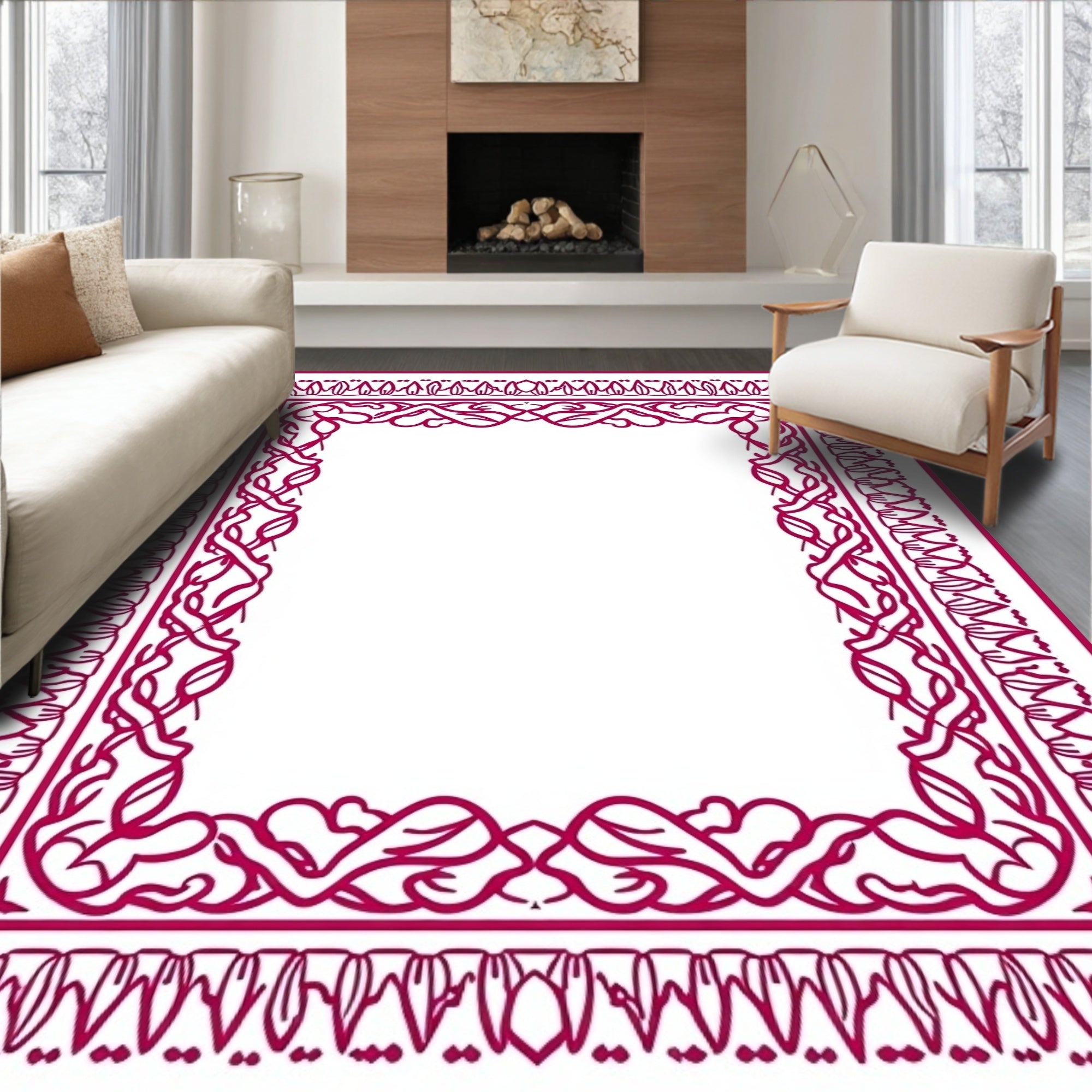 Crimson Ornate Vine Border Rug