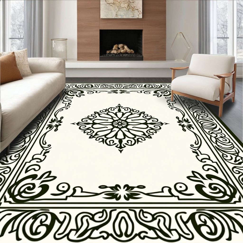 Elegant Cream Black Floral Medallion Border Rug