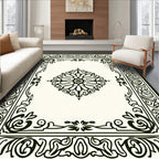Elegant Cream Black Floral Medallion Border Rug