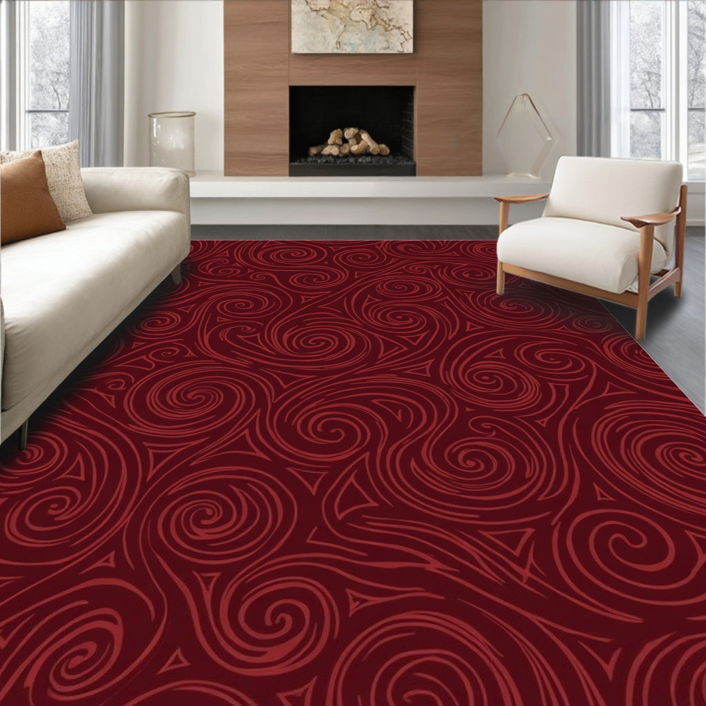 Deep Red Swirl Abstract Rug