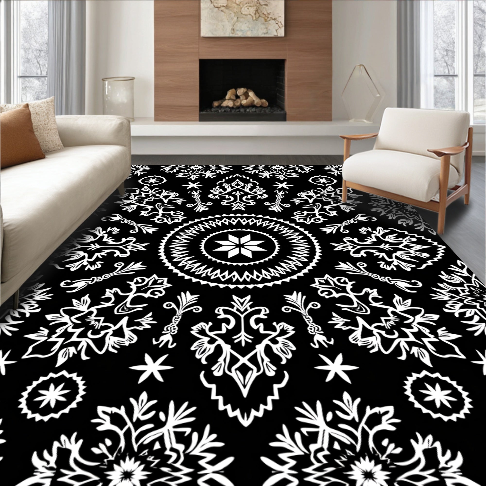 Black White Ornamental Starburst Medallion Rug