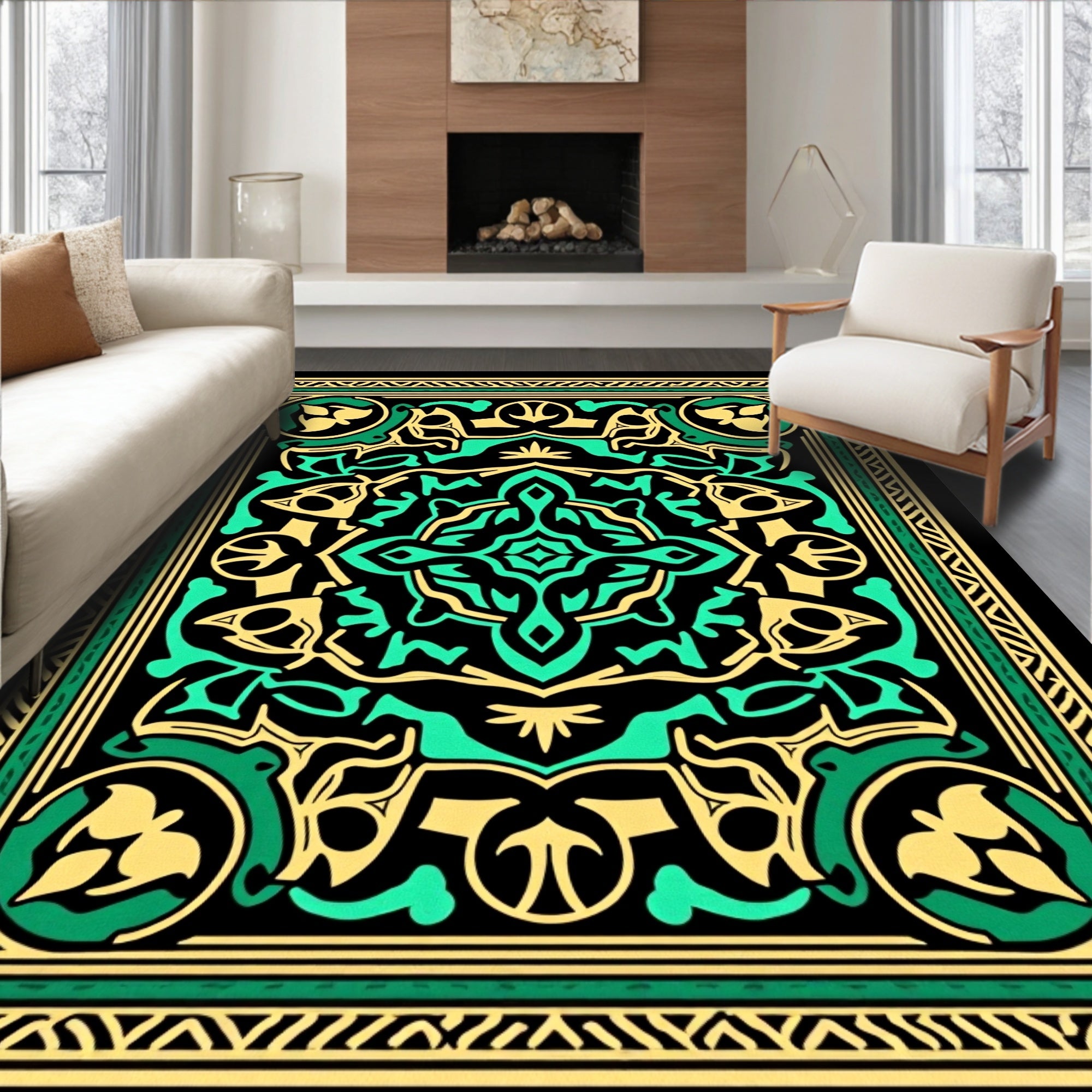 Emerald Yellow Medieval Floral Medallion Rug